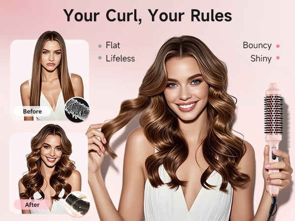 Hair transformation: flat &amp; lifeless hair vs. bouncy &amp; shiny curls after thermal brush styling