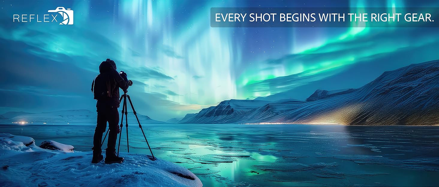 Reflex Camera Brand Story Main Image showing Man shooting Northern Lights