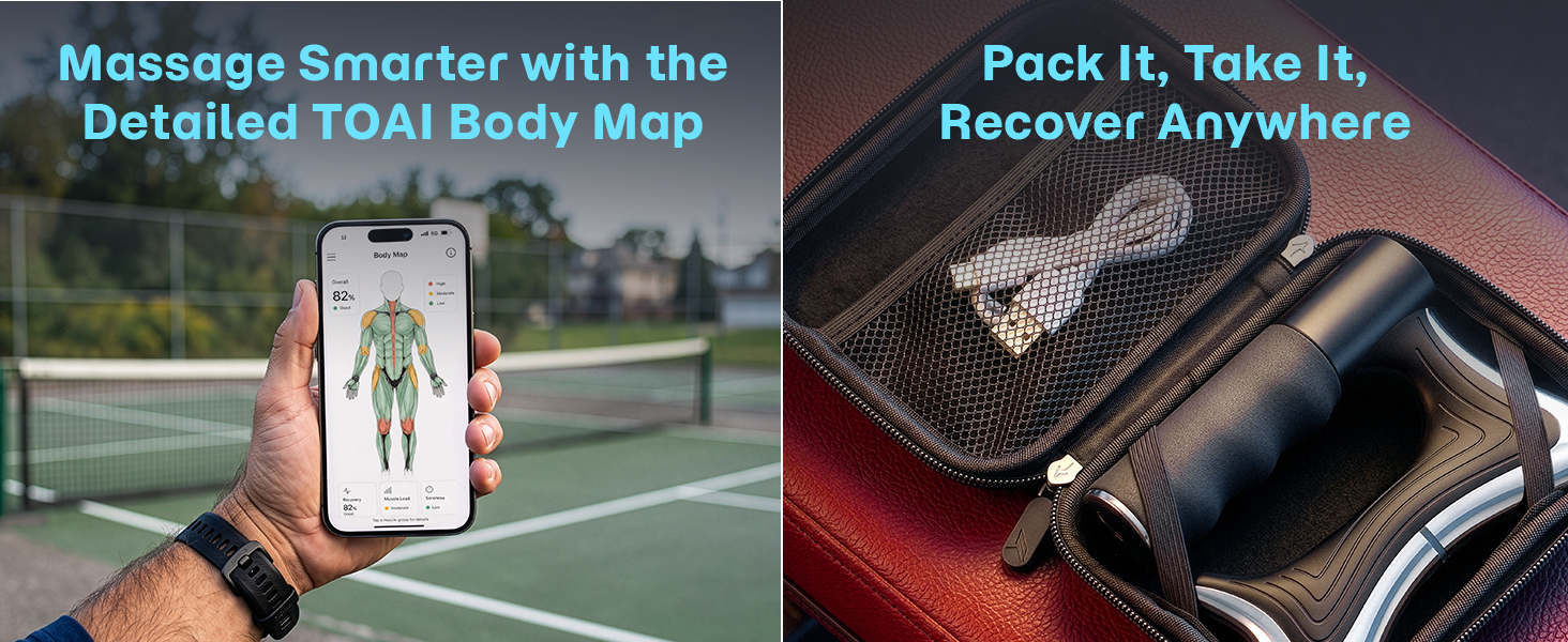 Premium travel kit featuring an electric fascia massager, QR Body Map and USB-C cable