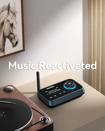 Black wireless music streaming device with digital display and antenna, placed on wooden surface next to turntable equipment.