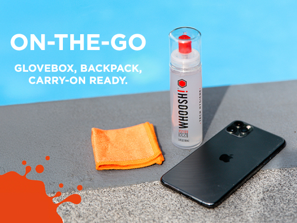 Text reads: 'ON-THE-GO GLOVEBOX, BACKPACK, CARRY-ON READY.' Image shows water bottle, orange cloth, and smartphone on textured surface.