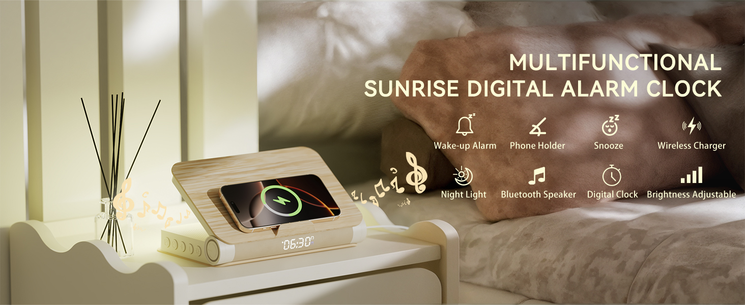 alarm clock for bedroom bluetooth speaker wireless charging