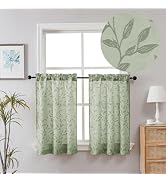Chyhomenyc Mila Sage Green Kitchen Curtains 36 Inch Length Tier Curtains, Semi Sheer Leaf Jacquar...