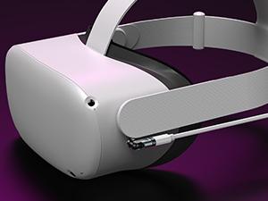 White virtual reality headset with adjustable head strap, viewed from the side. Smooth, curved design with no visible external controls.