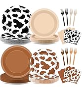 96PCS Western Cowboy Party Plates and Napkins Cow Print Party Supplies Brown Cowgirl Dessert Pape...