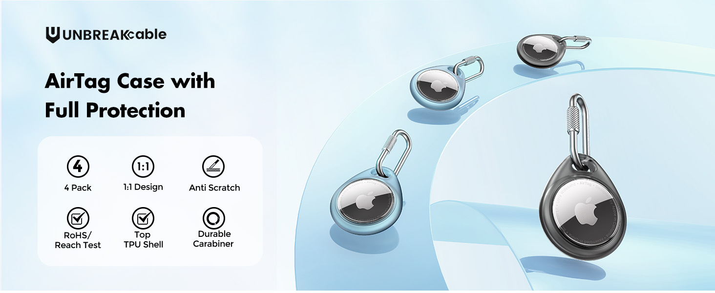 AirTag case with full protection features including 5-foot drop resistance, anti-scratch, and waterproof design. Showcases light blue and black cases with carabiner clips.