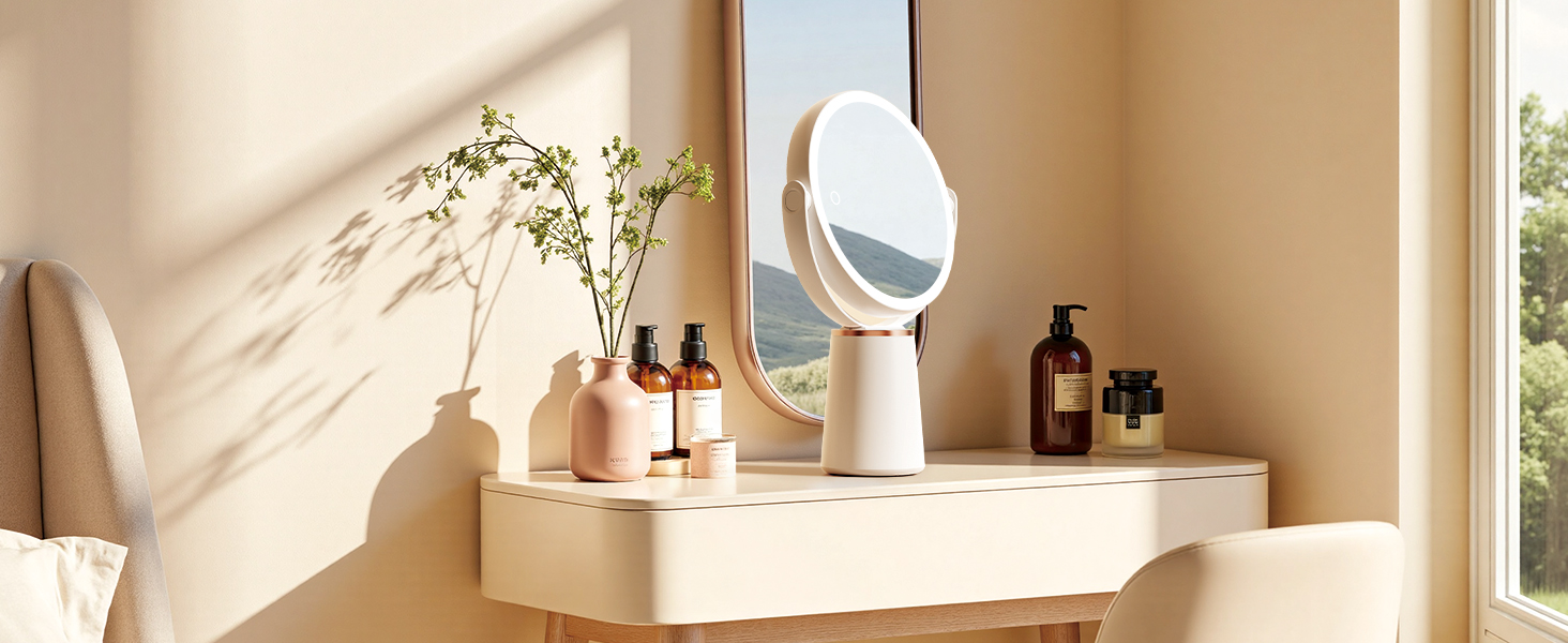 Round double-sided lighted cosmetic mirror on modern dressing table for home daily makeup