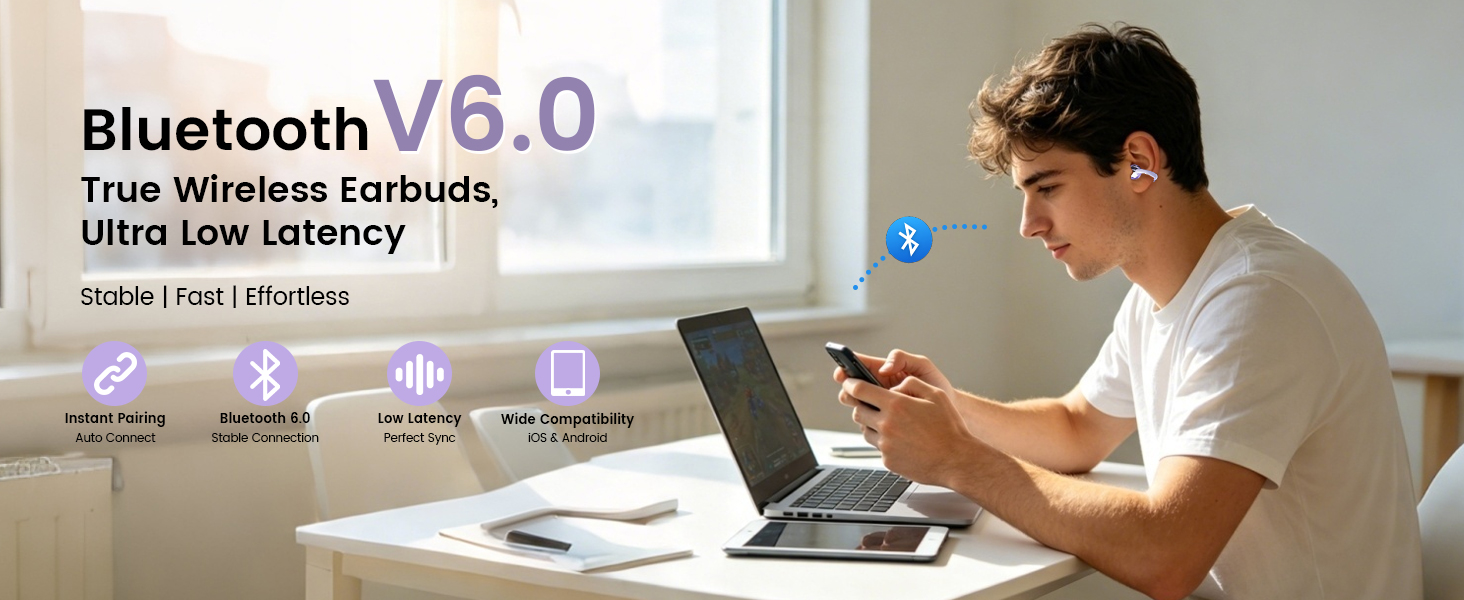 BluetoothV6.0 True Wireless Earbuds,Ultra Low Latency