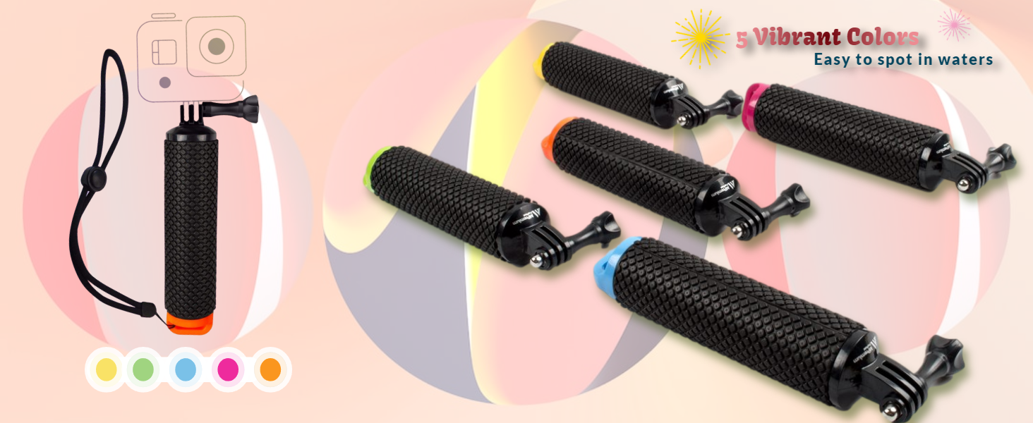 waterproof floating handler accessory that floats on water. used as floaty selfie stick for go pro