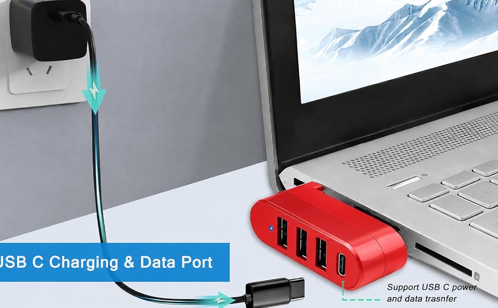 4-Port USB C Hub [90°/180° Degree Rotatable], USB C Splitter USB Extender for Laptop, Car, Red