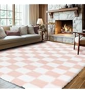Ecoshag Soft Rugs for Living Room, 5x7 Ft Pink and White Checkered Fluffy Shaggy Rugs for Indoor ...