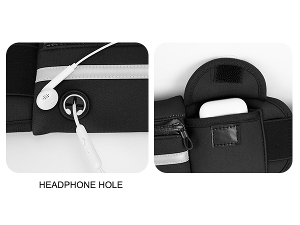 Close-up of a headphone port feature on a black case or holder, with white directional indicator showing access point.