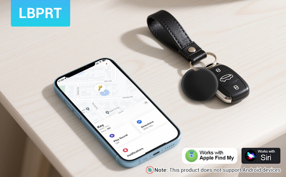 Text reads 'LBPRT'. Product shots showing a mobile device interface and associated hardware components, including app store badges for Apple and Google Play.