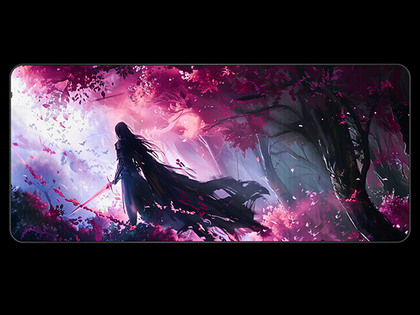 Gaming mousepad featuring artistic design with purple and pink cosmic nebula theme and silhouetted wolf imagery.