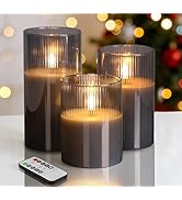 Eywamage Smoke Grey Ribbed Glass Flameless Pillar Candles with Remote, Flickering LED Wax Candles...