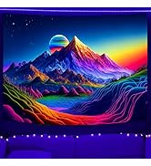 SparkLia Sunset Mountain Tapestry, Blacklight Colorful Forest Lake UV Reactive Tapestry, Neon Glo...