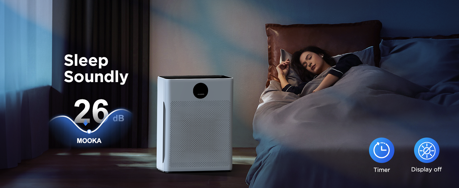Air purifier in sleep mode with dimmed light in bedroom, quiet 26dB sleep mode
