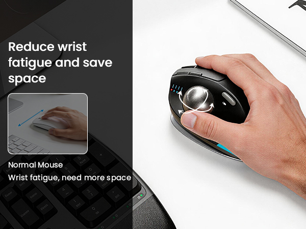 Smooth thumb-operated trackball allows precise cursor control without moving your arm