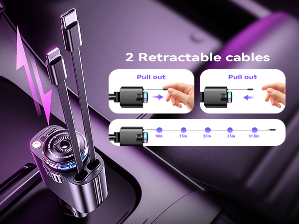 Retractable USB C Car Chargerwith 69W Fast Charging for iPhone 16 Aromatherapy and Starlight