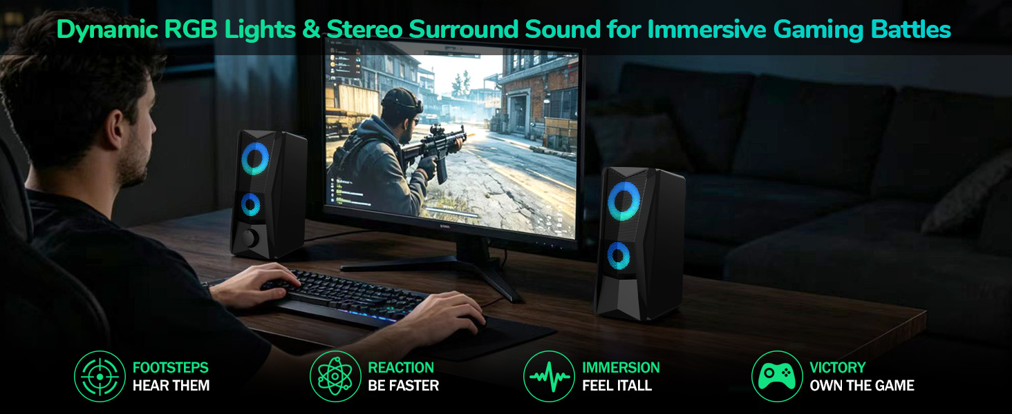 Dynamic RGB Lights &amp;amp; Stereo Surround Sound for Immersive Gaming Battles