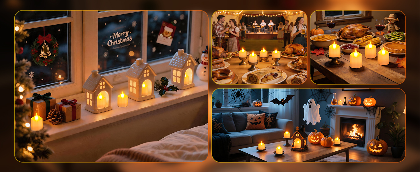 Two side-by-side photographs of warm-lit interior spaces with lit candles, decorative items, shelving with books and ornaments, and cozy ambient lighting creating intimate home environments.