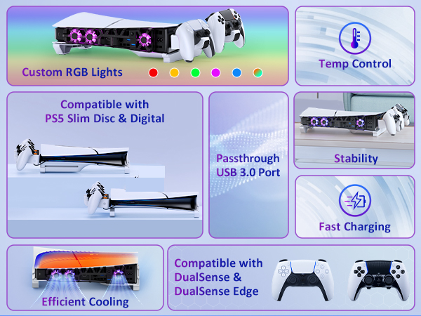 This is a composite image showcasing the selling points of PS5 Slim Stand.