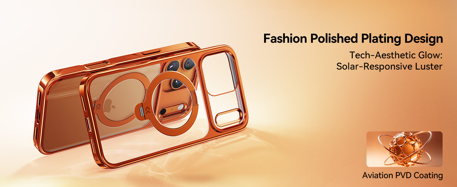 Orange for iPhone 17 Pro Max Case with 360 Spin Magnetic Stand Slim Polished Clear