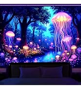 Manicer Blacklight Jellyfish Forest Tapestry – UV Reactive Fantasy Underwater Jellyfish in Enchan...