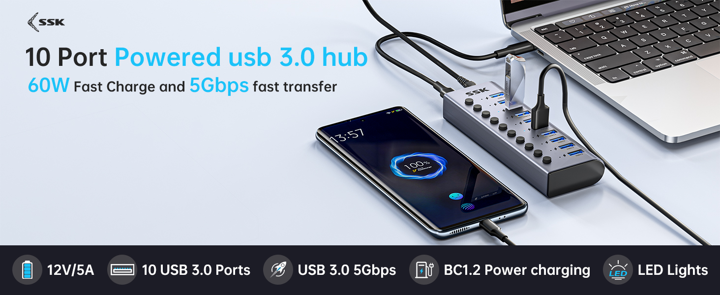 10 in 1 usb 3.0 hub powered 60W fast charge and 5gbps fast transfer