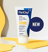 bottle of PanOxyl pore refining acne mask standing upright with yellow shapes against the background