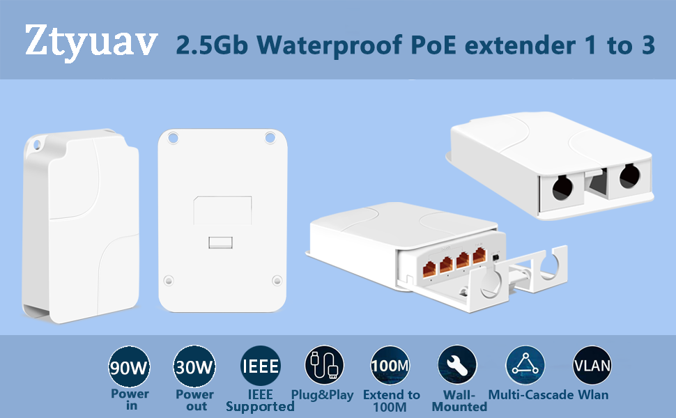 2.5Gb Waterproof PoE extender 1 to 3