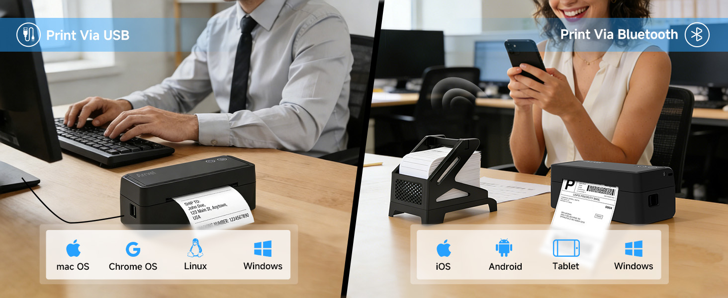 thermal printer supporting Bluetooth for iPhone, Android; USB for Mac, Windows, Linux, ChromeOS