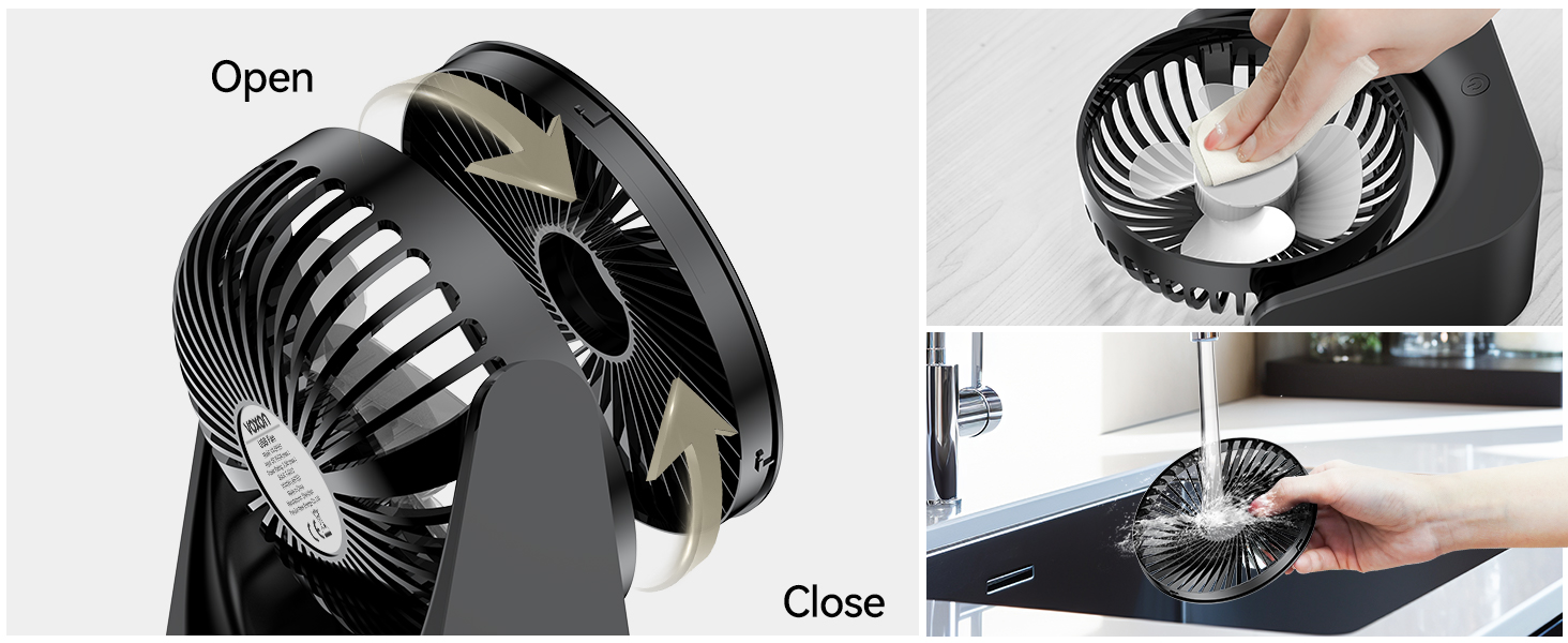 Portable sink strainer with open and close positions shown. Black device with fan-like blades for catching debris while allowing water to drain.