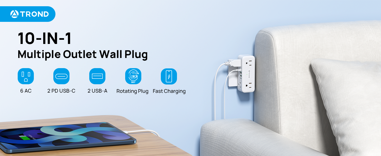 multiple outlet wall plug with pd 20w usb c