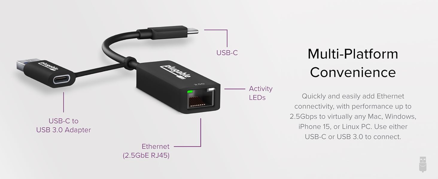 Multi-platform USB-C adapter for fast 2.5Gb Ethernet connectivity on laptops, tablets, and more
