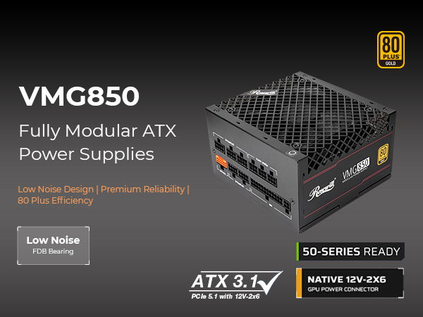 Rosewill 80+ Gold, 850W, ATX 3.1, Full Modular, RTX 50, Native 12v-2x6, low noise