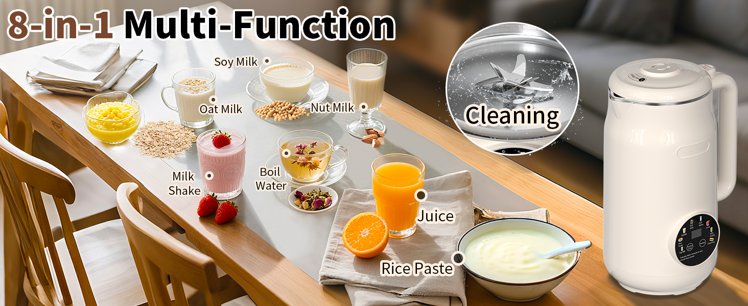 multi function 8 in 1 Soy Milk Rice Paste Oat Milk Nut Milk Boil Water Juice Milk Shake Cleaning