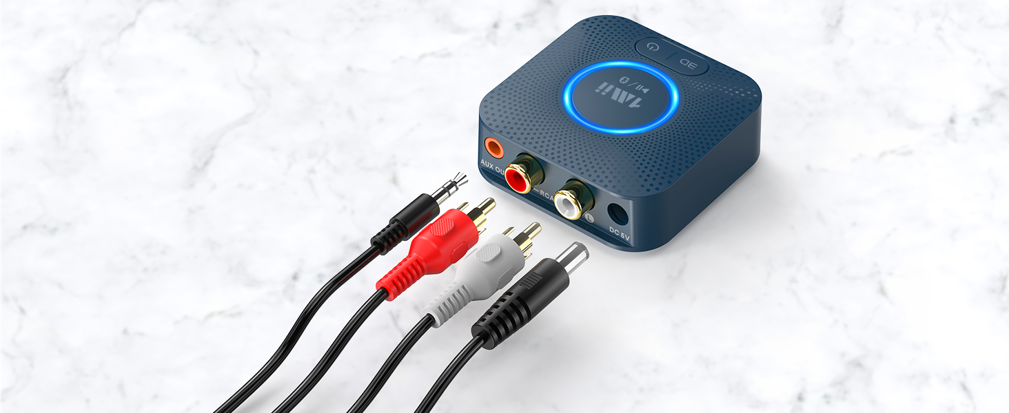 Compact blue digital audio interface device with multiple input/output ports, shown connected to red and white RCA cables and a USB cable against white background.