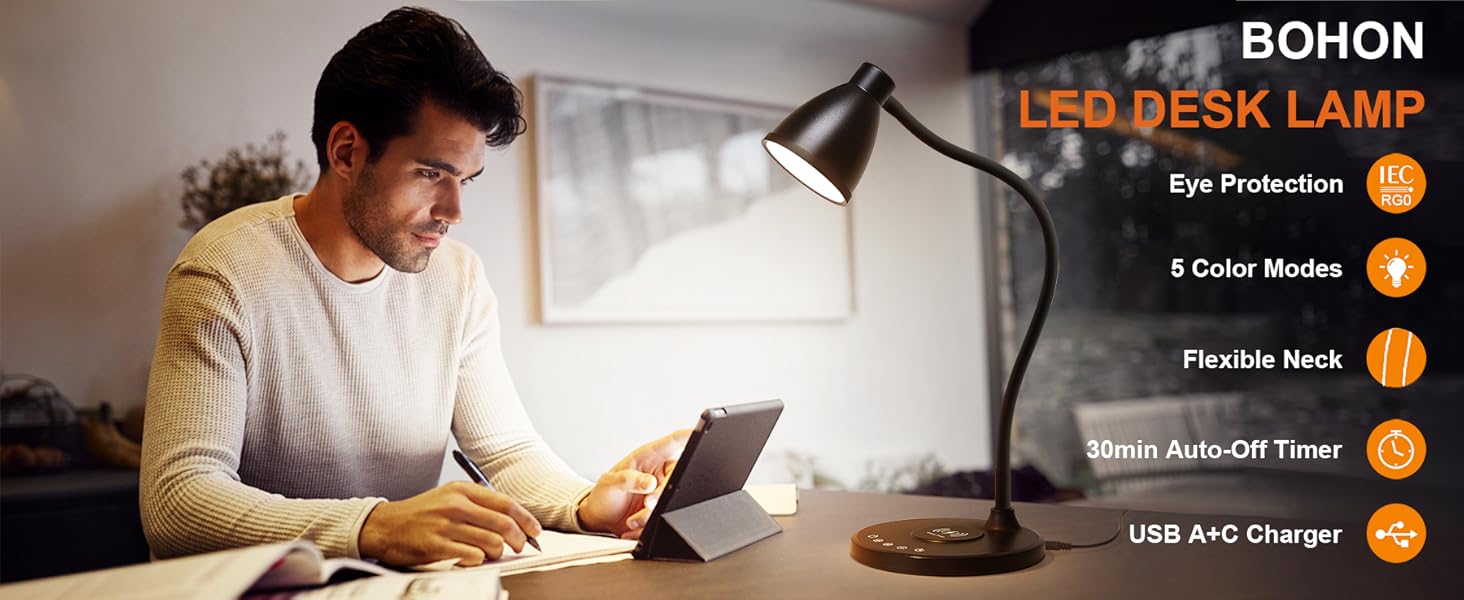 LED Desk Lamp for Home Office Light USB Charging Ports Bedside Table Lamp for College Dorm Room