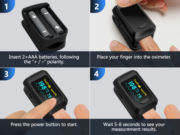 Step-by-step instructions for using a digital health device, showing battery installation, finger placement, and display readings on a black device with color screen.