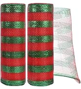 TONIFUL 2 Roll 10 Inch Red and Green Striped Decorative Mesh Ribbon Rolls for Indoor Decor Christ...
