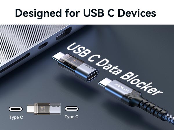 USB C data blocker designed for USB C devices with a USB C male to USB C female port.
