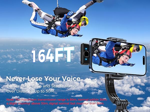 Text reads '164FT' and 'Never Lose Your Voice'. Multiple panels showing skydiving scenes against blue sky and clouds, demonstrating aerial photography or recording.