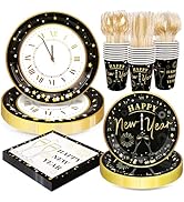 168pcs Happy New Year Party Supplies, Black and White Paper Plates Napkins Cups and Transparent G...