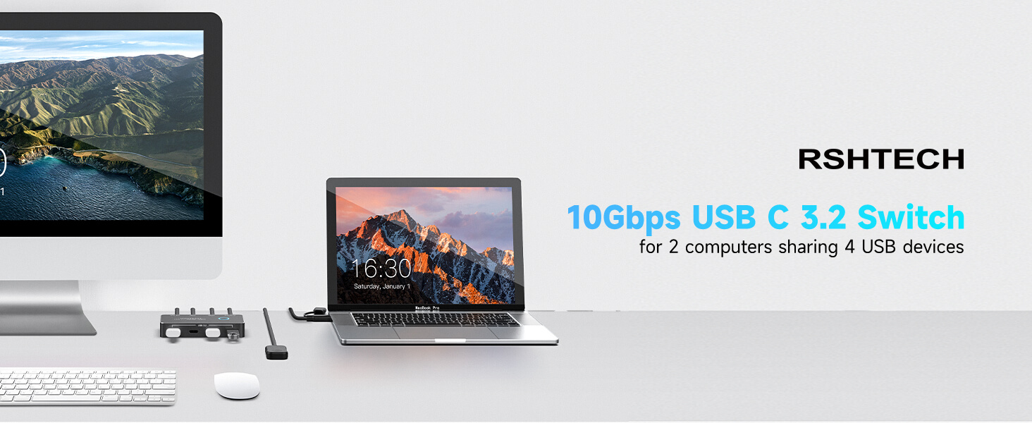 USB-C switch device for sharing 4 USB devices between 2 computers. Shows desktop setup with monitors, laptop, keyboard, and mouse connected to the switch.