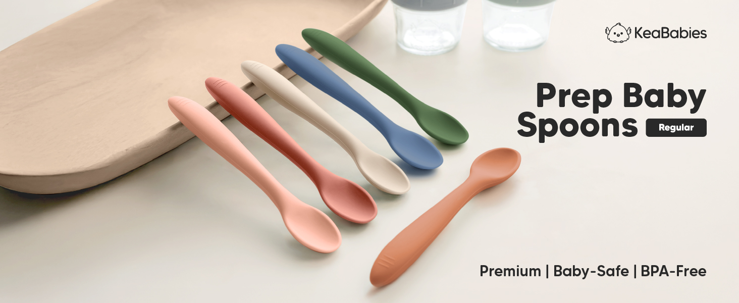 Text reads 'Prep Baby Spoons' and 'Premium | Baby Safe | BPA-Free'. Multiple baby spoons shown in pastel colors with soft-grip handles, displayed in a product marketing layout.
