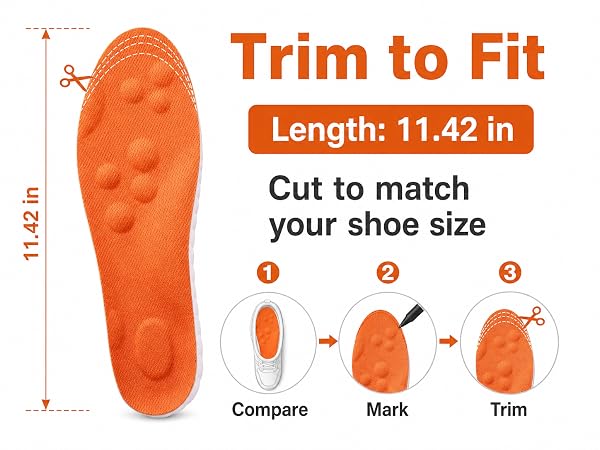 Trim-to-fit orange PU insoles with 11.42 in length and cutting guide