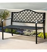 PHI VILLA 50" Outdoor Garden Patio Metal Bench for Outdoors with Plastic Backrest Armrests Sturdy...