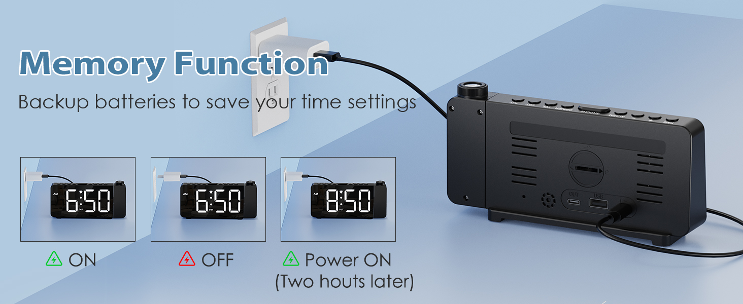 Projection Alarm Clocks for Bedrooms, Large LED Display Digital Clock with 180° Rotatable Projector