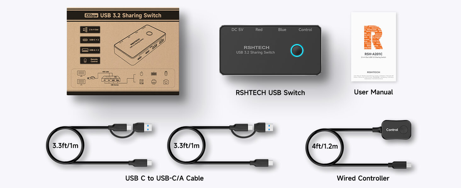 USB switch kit with main device, cables, wired controller, and user manual. Includes USB-C to USB-A cables and a wired controller. Product box shows 2 in 1 USB sharing switch features.